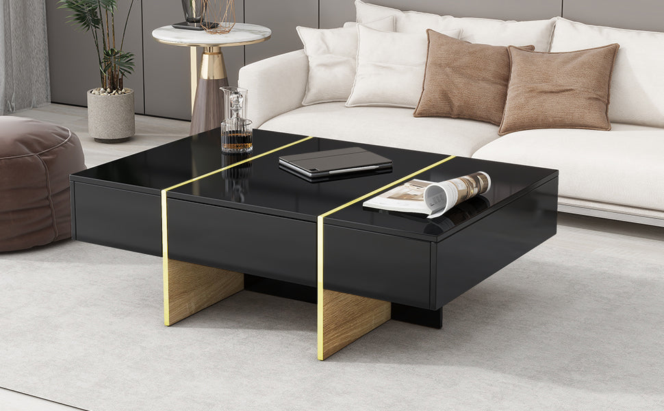 ON-TRANS 47.2 inch x 31.4 inch multifunctional rectangular sofa table with 2 drawers and gold wood grain leg center table, black