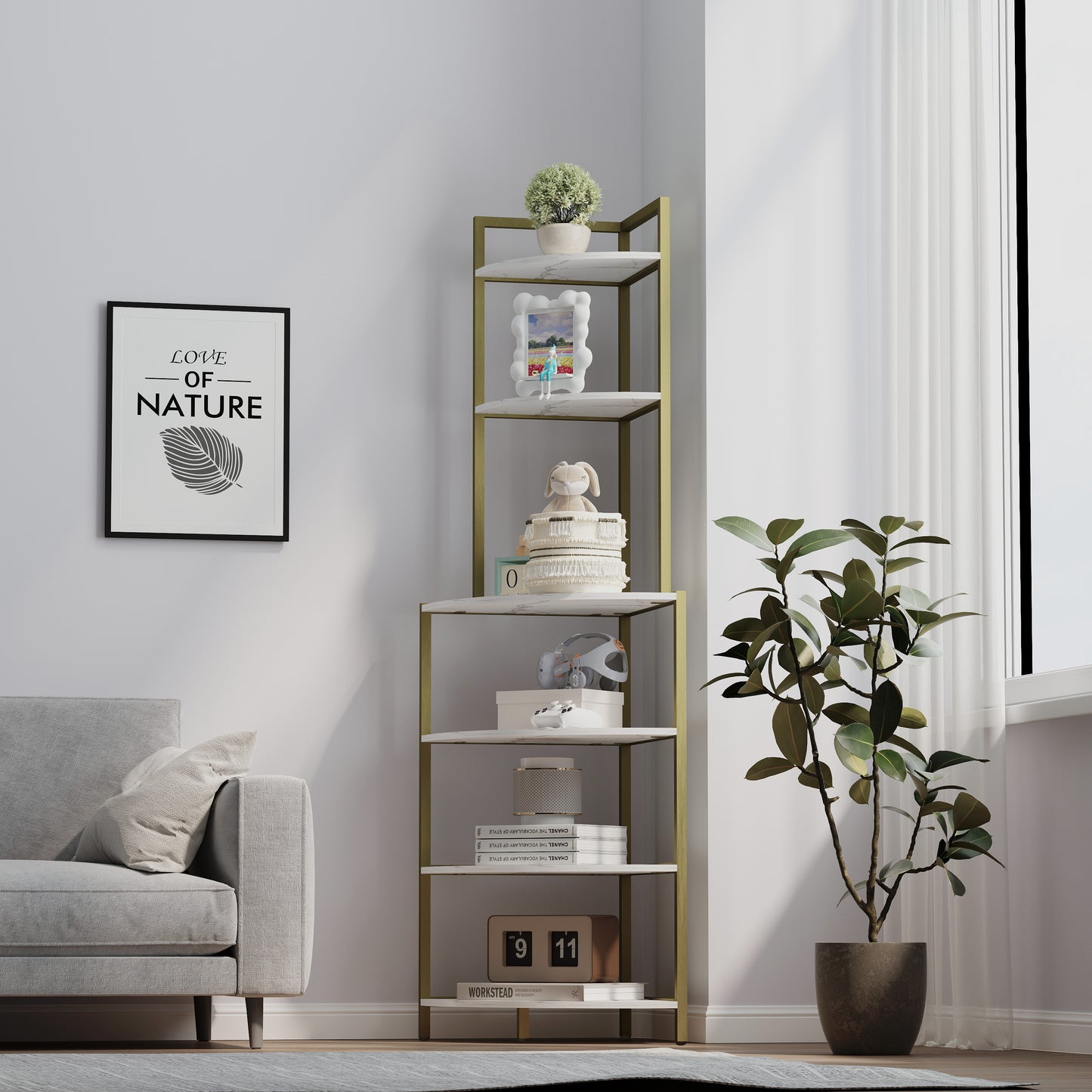 6-story corner open bookshelf, modern bookshelf, wooden frame, independent bookshelf unit,