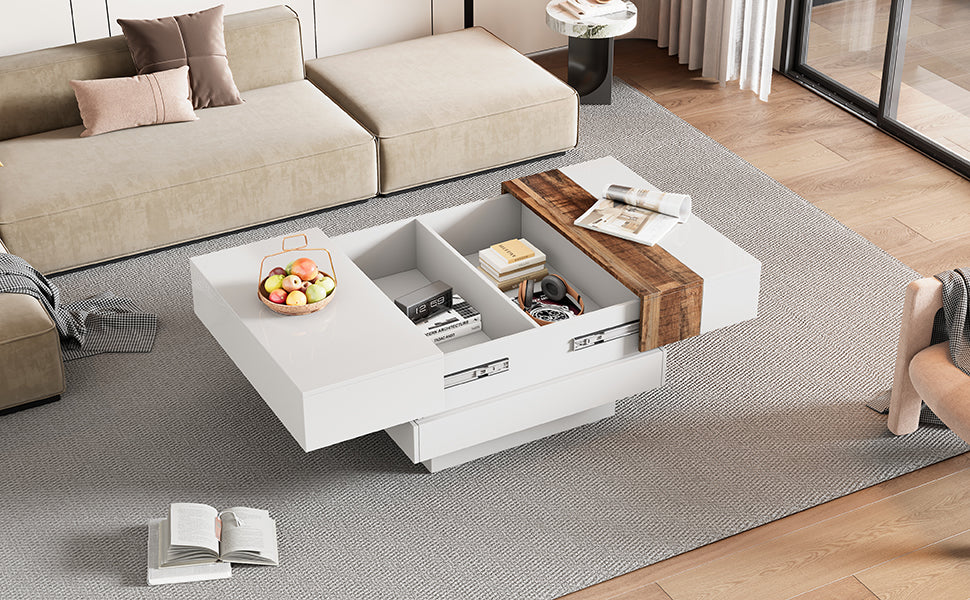 ON-TRANS 31.4 inches x 31.4 inches with sliding tabletop, high gloss center table, hidden storage room white