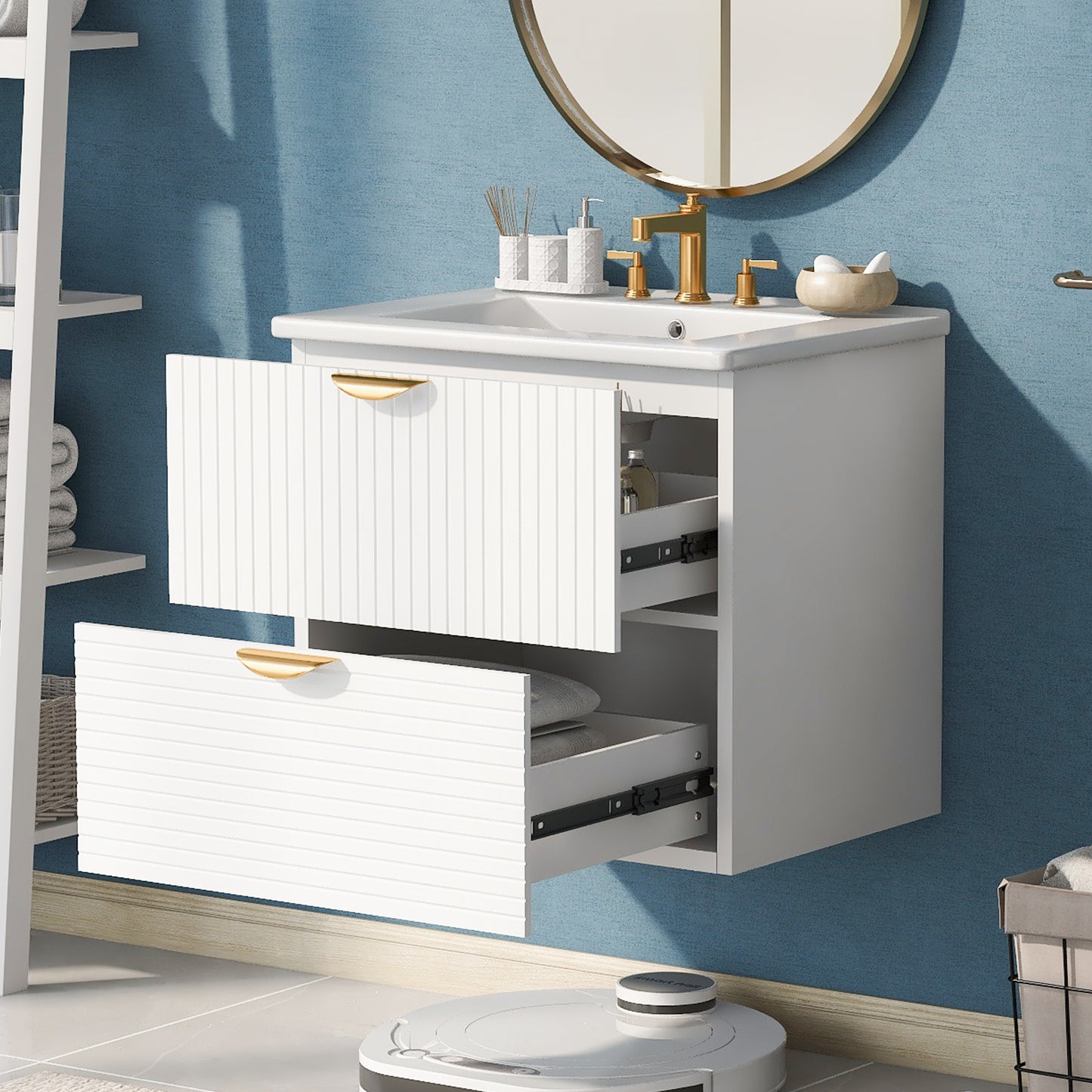 Modern 24-Inch Wall-Mounted Bathroom vanity with 2 Drawers, White - Ideal for Small Bathrooms