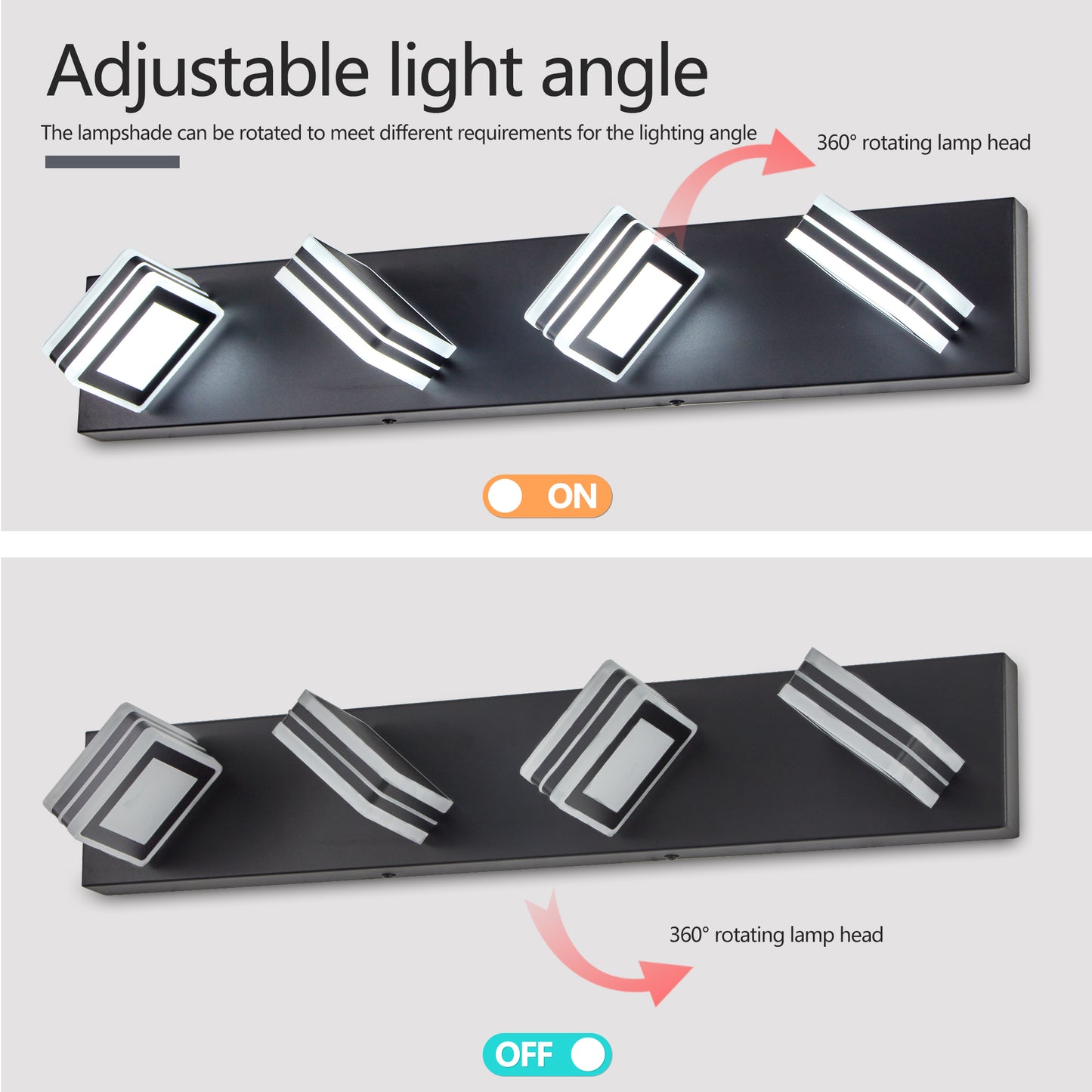 LED Modern Black Vanity Lights, 4-Lights Acrylic Matte Black Bathroom Vanity Lights Over Mirror