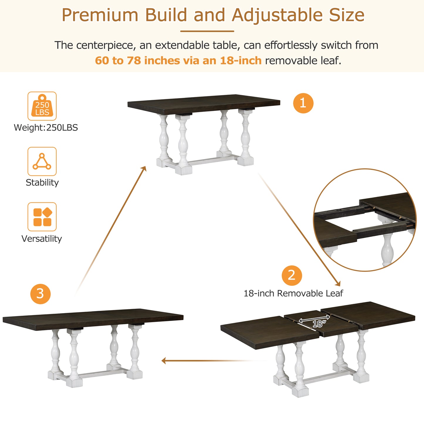 Traditional 6-Piece 78inch Trestle Extendable Dining Table Set with One 18inch Removable Leaf Distressed White