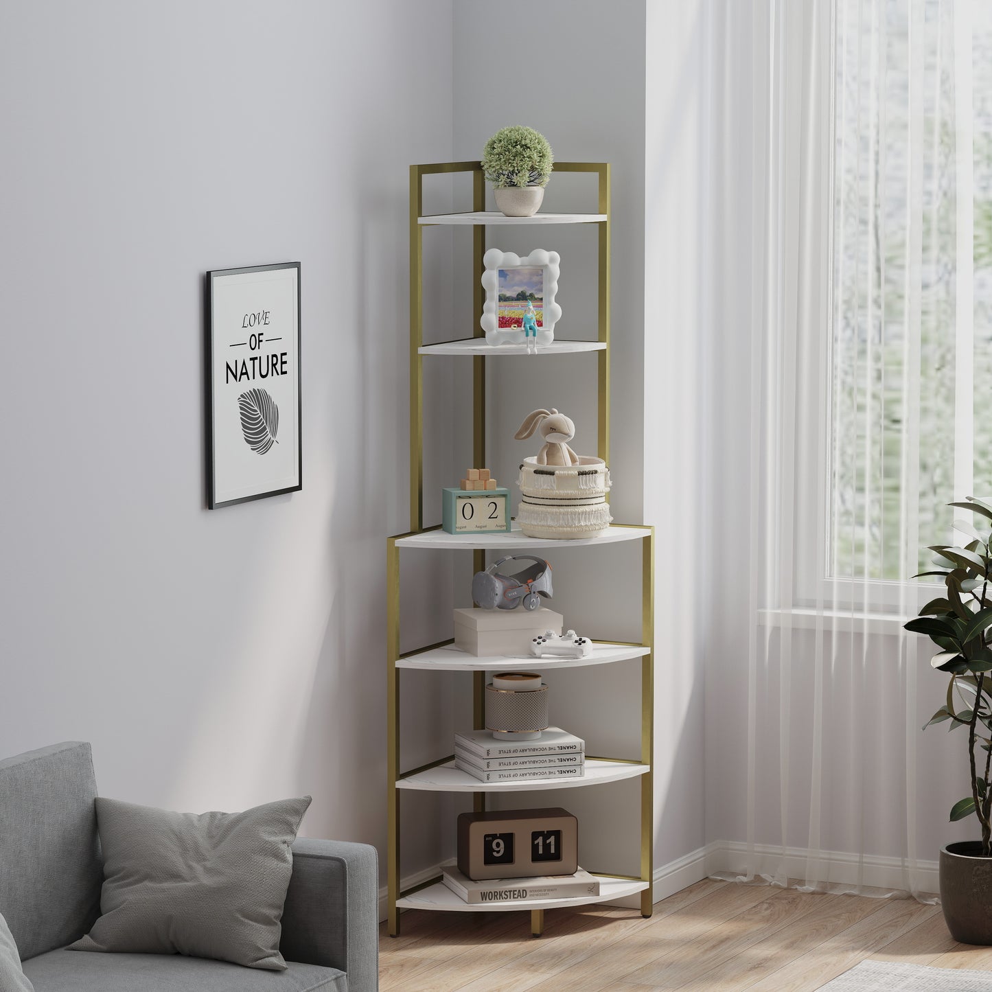 6-story corner open bookshelf, modern bookshelf, wooden frame, independent bookshelf unit,