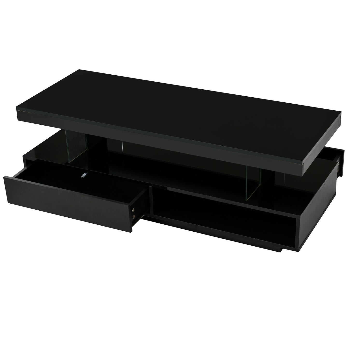 U-Can LED coffee table with storage space, modern central table with 2 drawers and display rack, equipped with LED lights, black