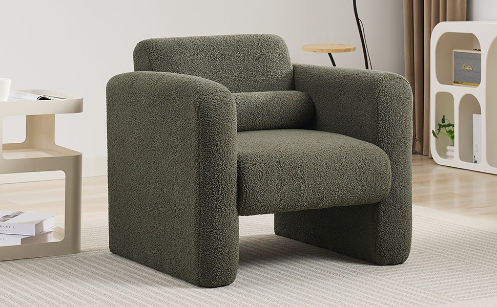 Modern style chair with sheepskin Sherpa fabric soft cushion, comfortable armchair, soft with backrest and pillow, seaweed green