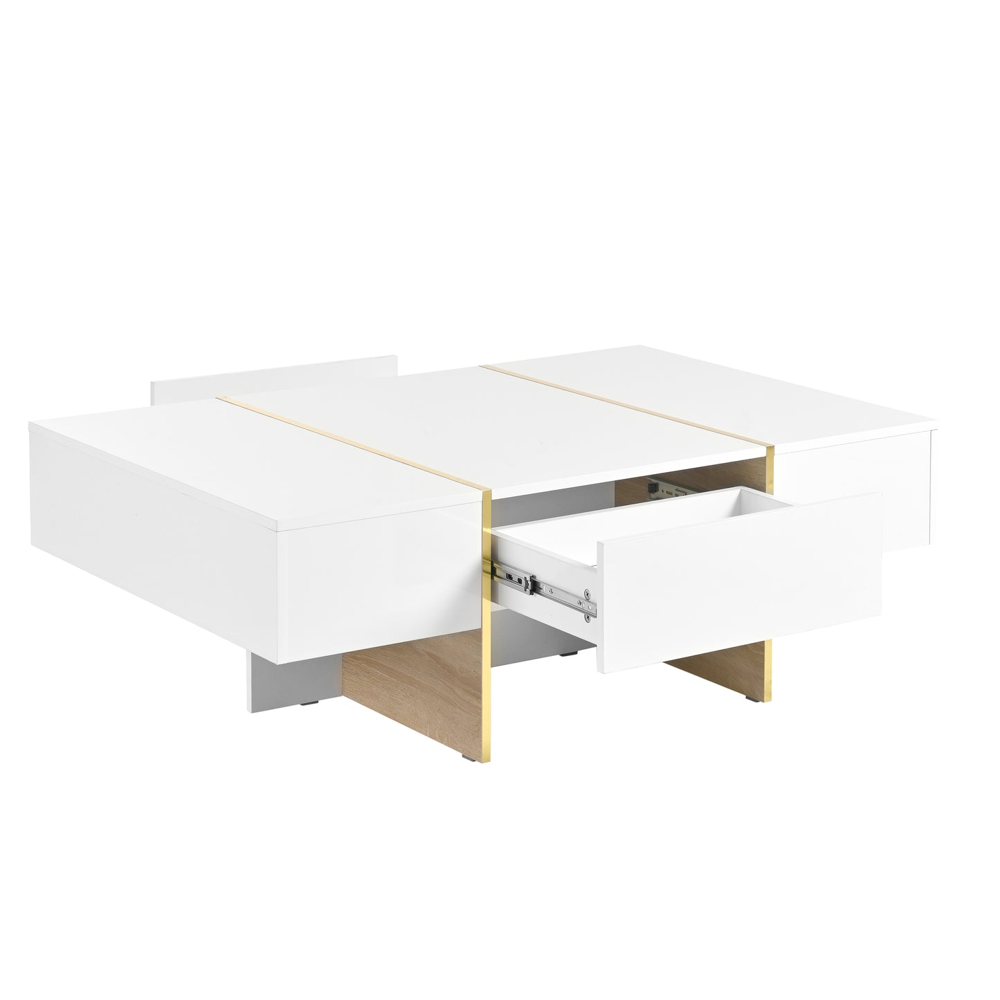 ON-TRANS 47.2 inch x 31.4 inch multifunctional rectangular sofa table with 2 drawers and gold wood grain leg center table, white