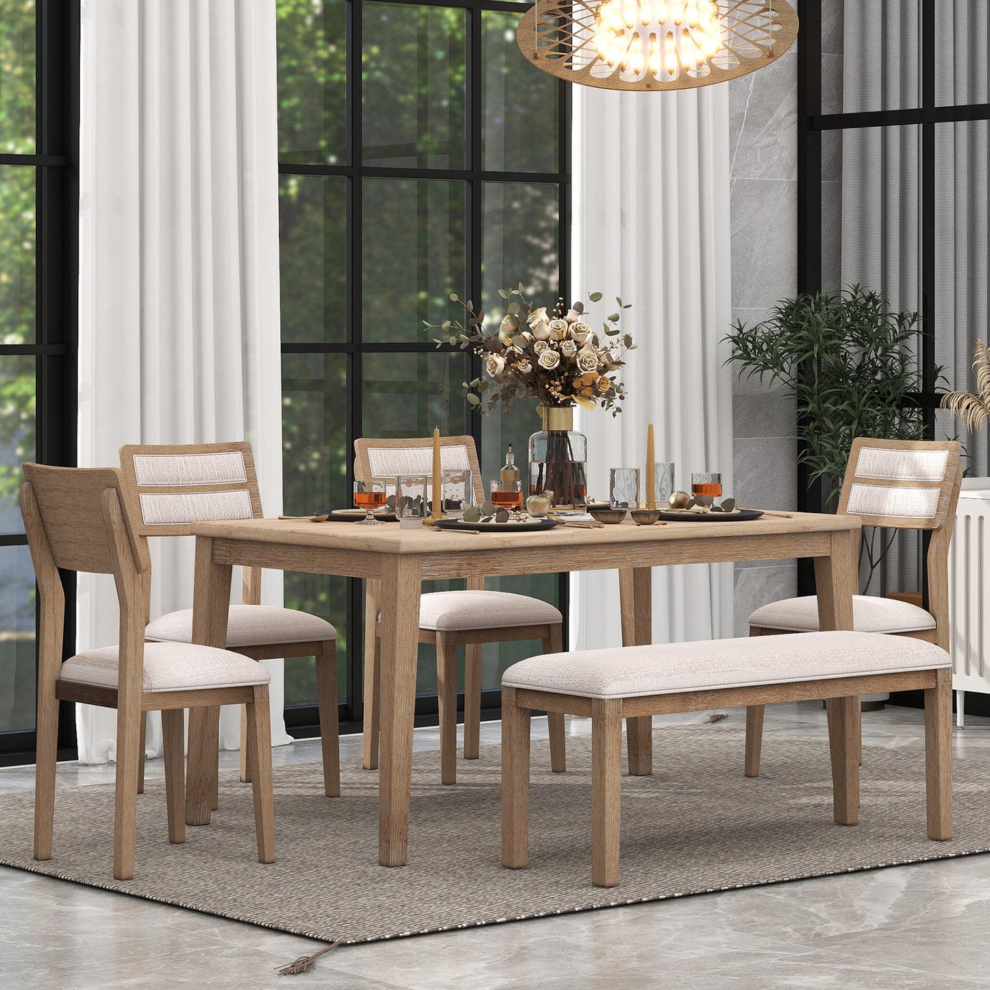 TREXM Classic and Traditional Style 6 - Piece Dining Set, Includes Dining Table, 4 Upholstered Chairs & Bench (Natural Wood Wash）