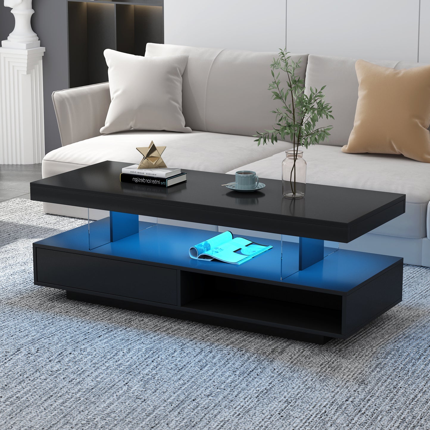 U-Can LED coffee table with storage space, modern central table with 2 drawers and display rack, equipped with LED lights, black