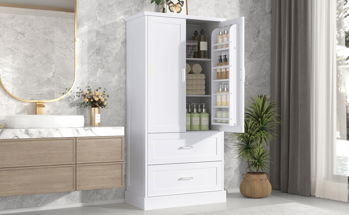 Tall Bathroom Storage Cabinet, Cabinet with Two Doors and Drawers, Adjustable Shelf, MDF Board, White