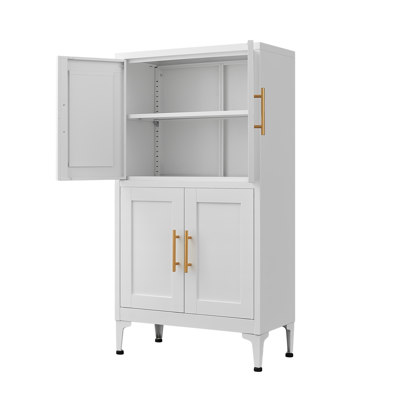 White metal kitchen storage cabinet, kitchen pantry storage cabinet with door and shelf, adjustable leveling feet