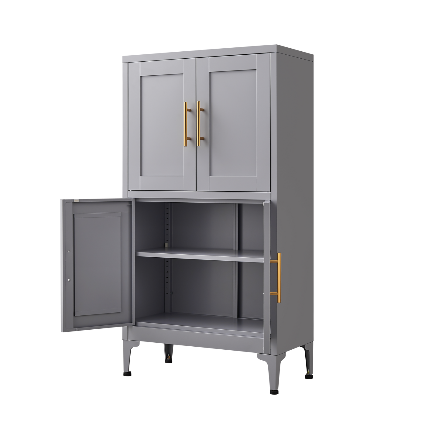 Grey metal kitchen storage cabinet, kitchen pantry storage cabinet with door and shelf, adjustable leveling feet