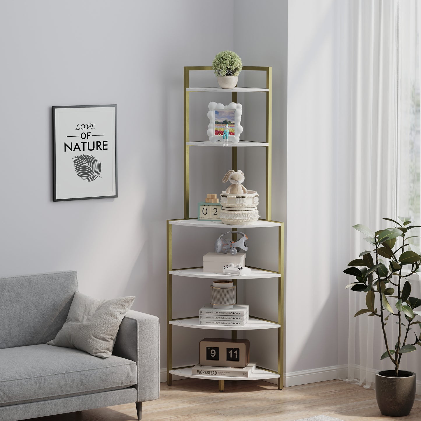 6-story corner open bookshelf, modern bookshelf, wooden frame, independent bookshelf unit,