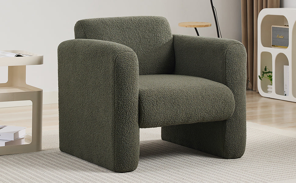 Modern style chair with sheepskin Sherpa fabric soft cushion, comfortable armchair, soft with backrest and pillow, seaweed green