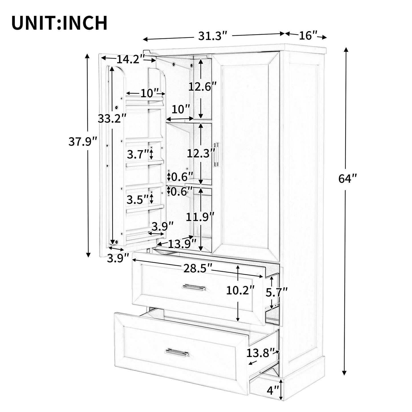 Tall Bathroom Storage Cabinet, Cabinet with Two Doors and Drawers, Adjustable Shelf, MDF Board, White