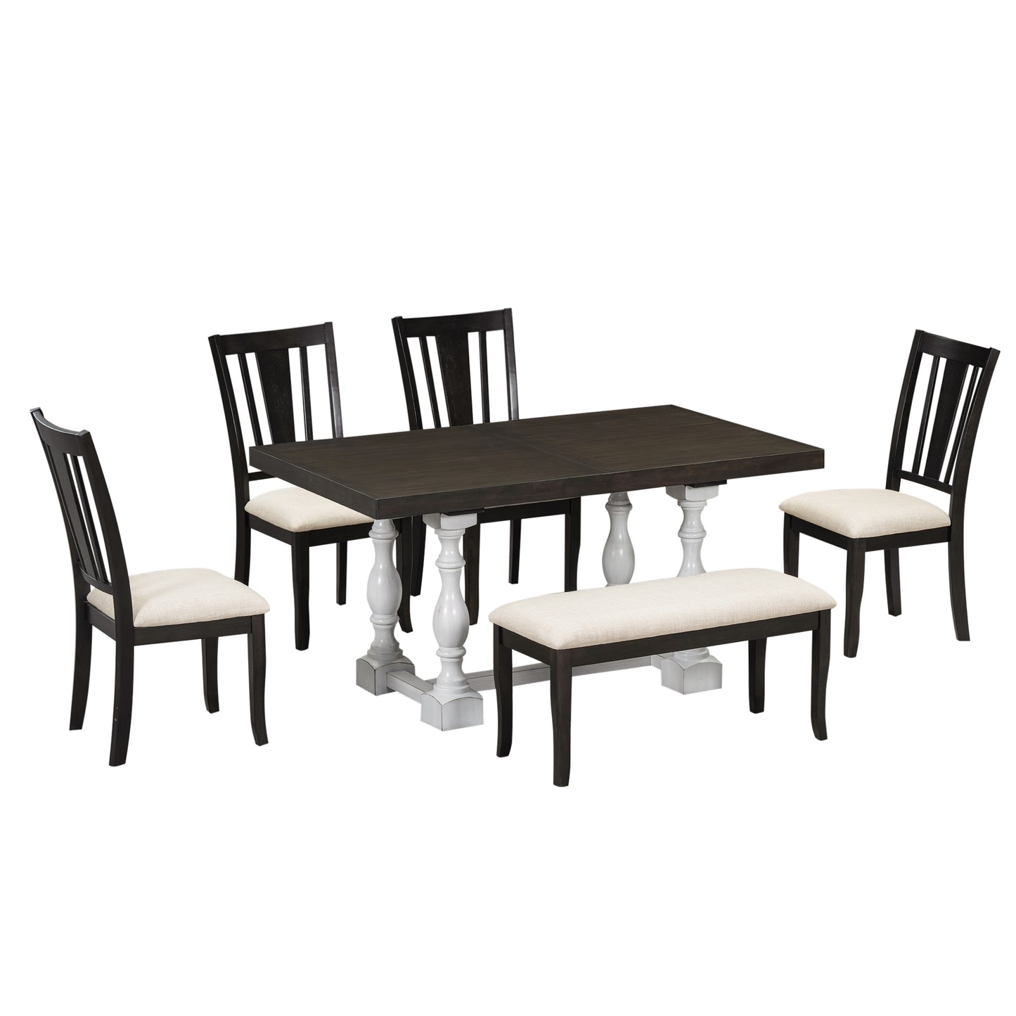 Traditional 6-Piece 78inch Trestle Extendable Dining Table Set with One 18inch Removable Leaf Distressed White