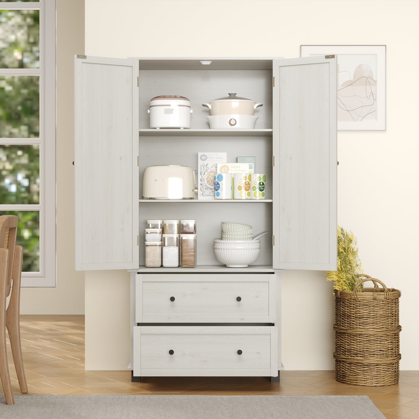 70 inch high kitchen pantry storage cabinet with 2 drawers and 3 shelves, large storage cabinet (antique white)