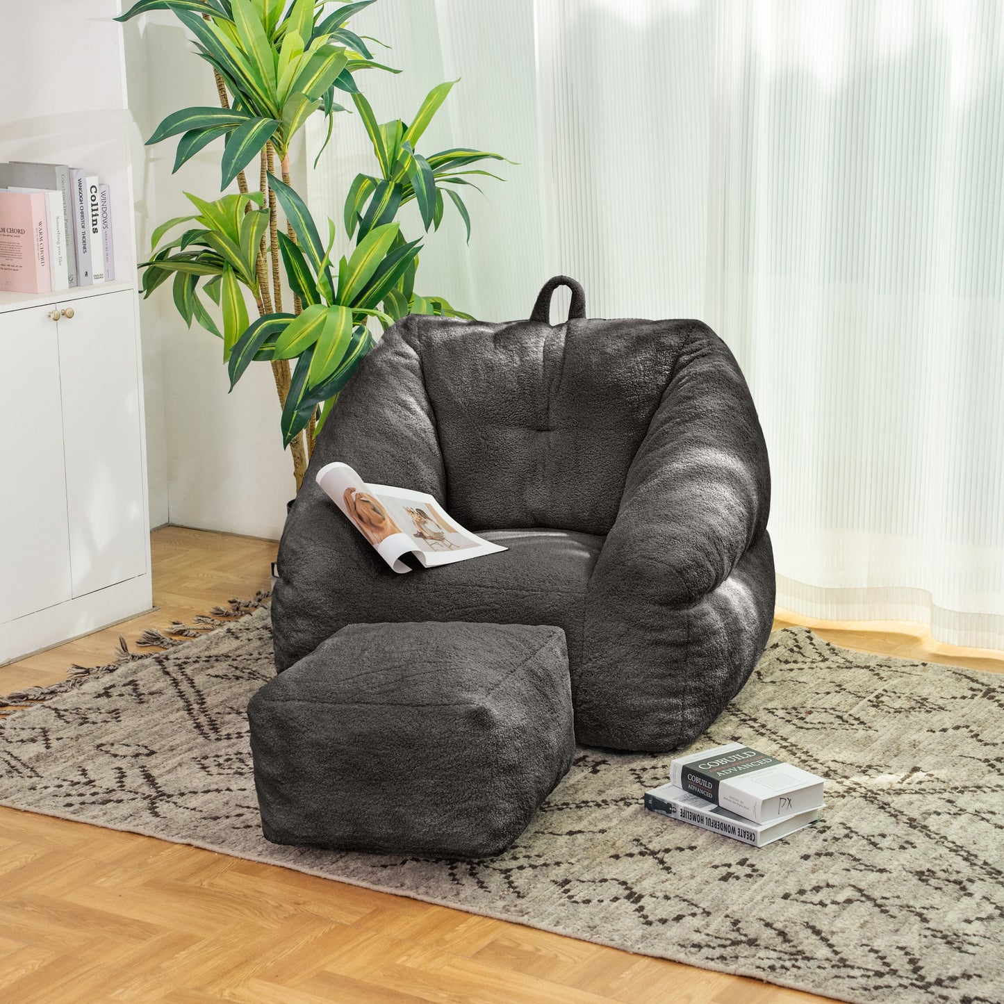 Beanbag chair with filler, beanbag sofa with tufted soft filler with memory foam, black