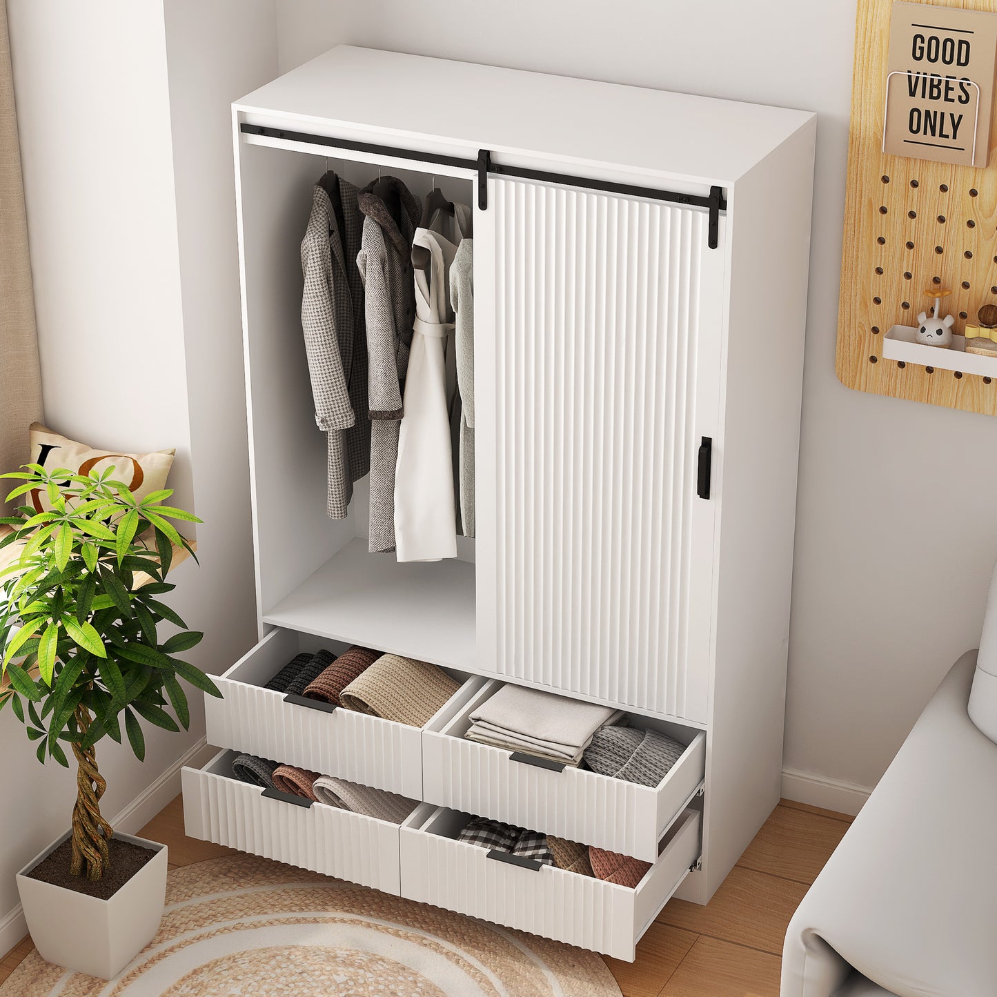 Tall Bedroom Armoire Wardrobe Closet Clothing Storage Cabinet with Hanging Rod Barn Door Drawers Open Shelves,White