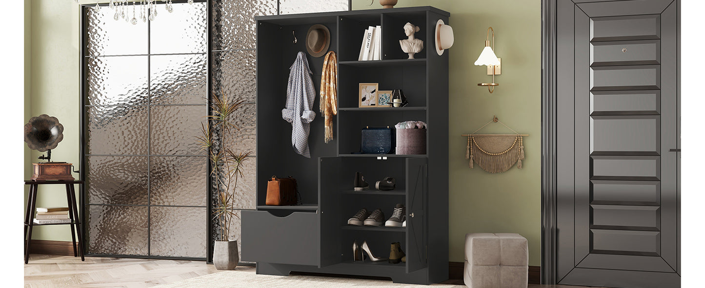 Multi-functional Hall Tree with Storage Shelves Drawers and Cabinet, Elegant Hallway Shoe Cabinet with Bench Modern Black