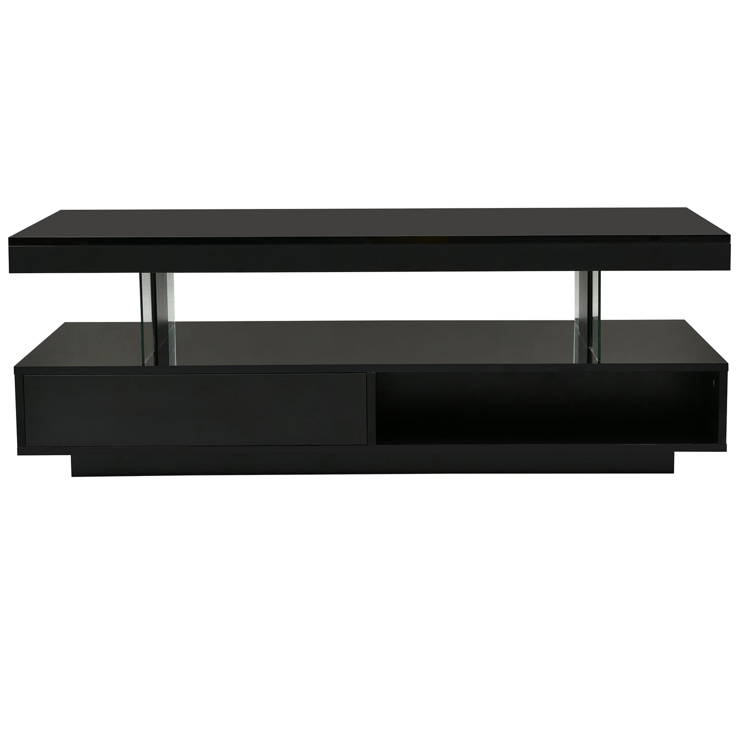 U-Can LED coffee table with storage space, modern central table with 2 drawers and display rack, equipped with LED lights, black