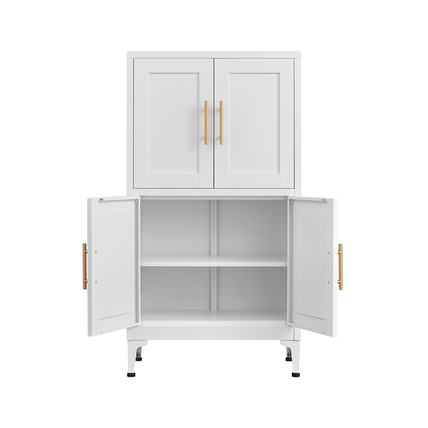 White metal kitchen storage cabinet, kitchen pantry storage cabinet with door and shelf, adjustable leveling feet