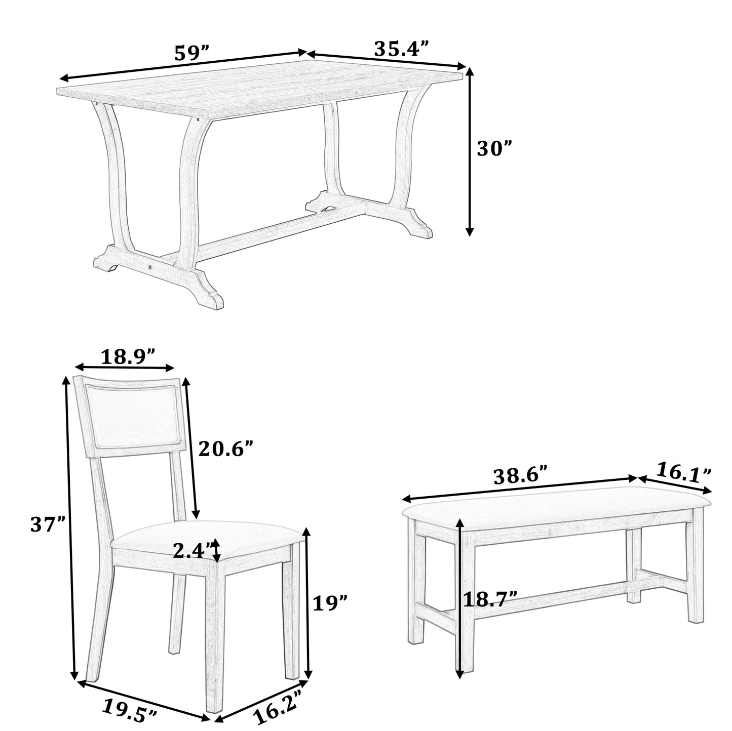 TOPMAX Farmhouse 6-Piece Trestle Dining Table Set with Upholstered Dining Chairs and Bench  59inch, White