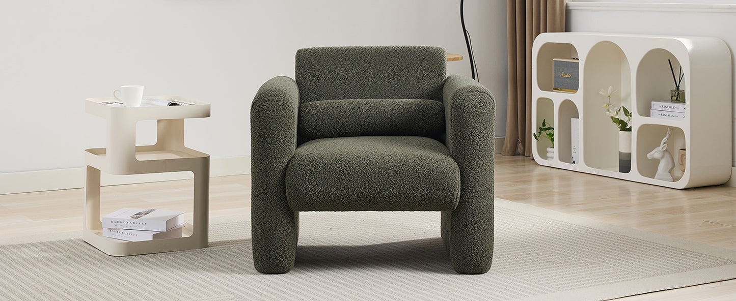 Modern style chair with sheepskin Sherpa fabric soft cushion, comfortable armchair, soft with backrest and pillow, seaweed green