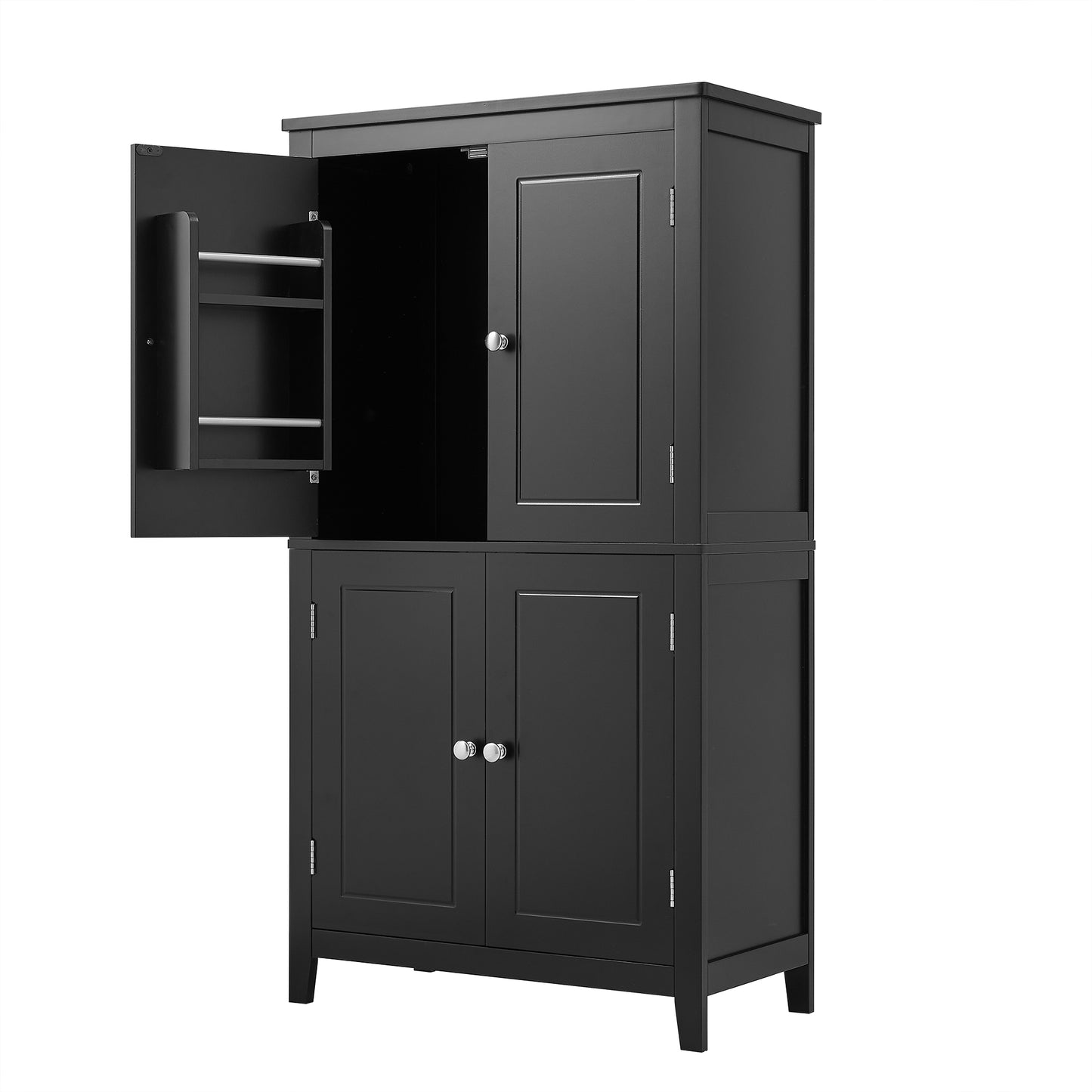 Bathroom floor storage cabinet, bathroom storage cabinet, 4-door independent cabinet, adjustable shelf, adaptive shelf, black