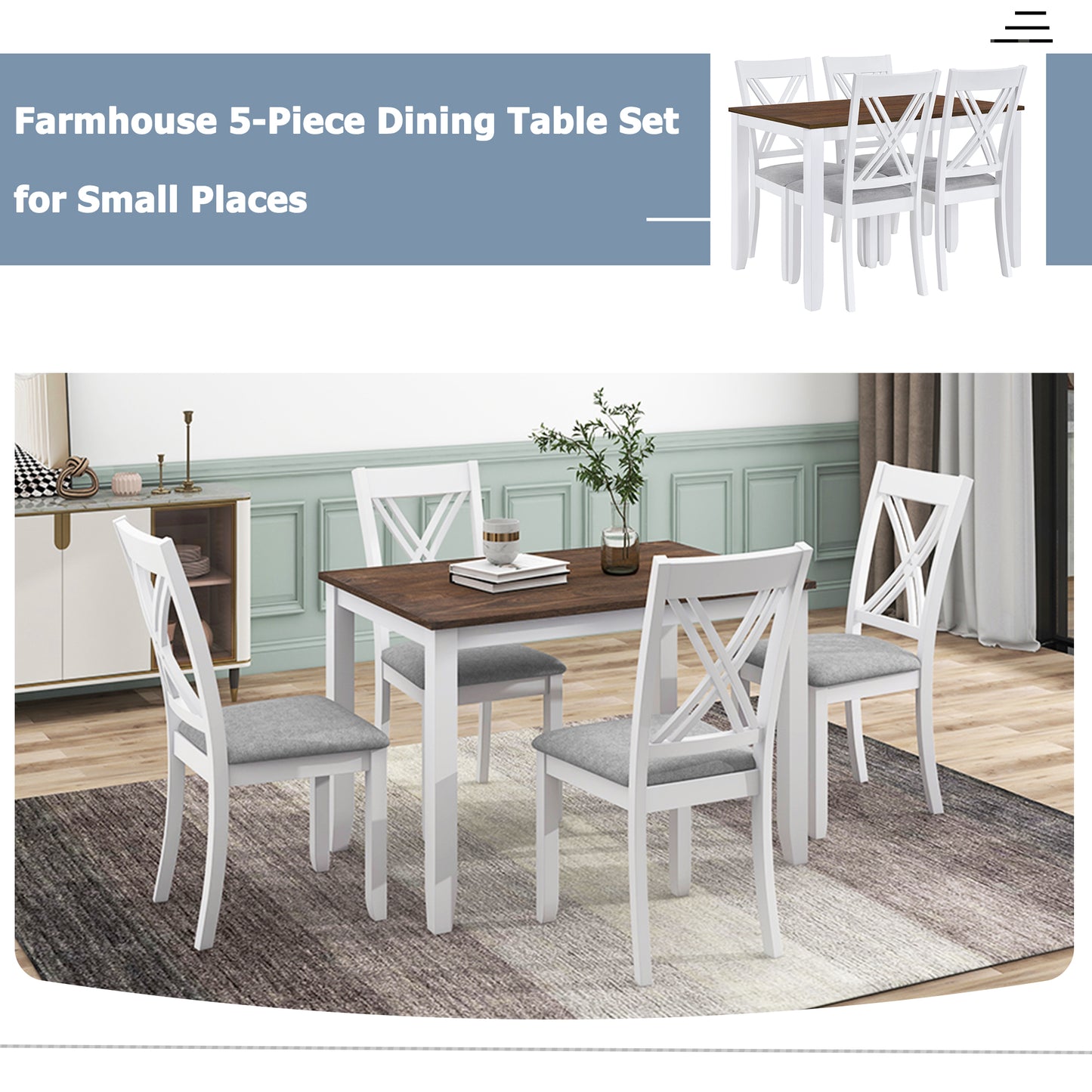 TOPMAX Rustic Minimalist Wood 5-Piece Dining Table Set with 4 X-Back Chairs for Small Places  White