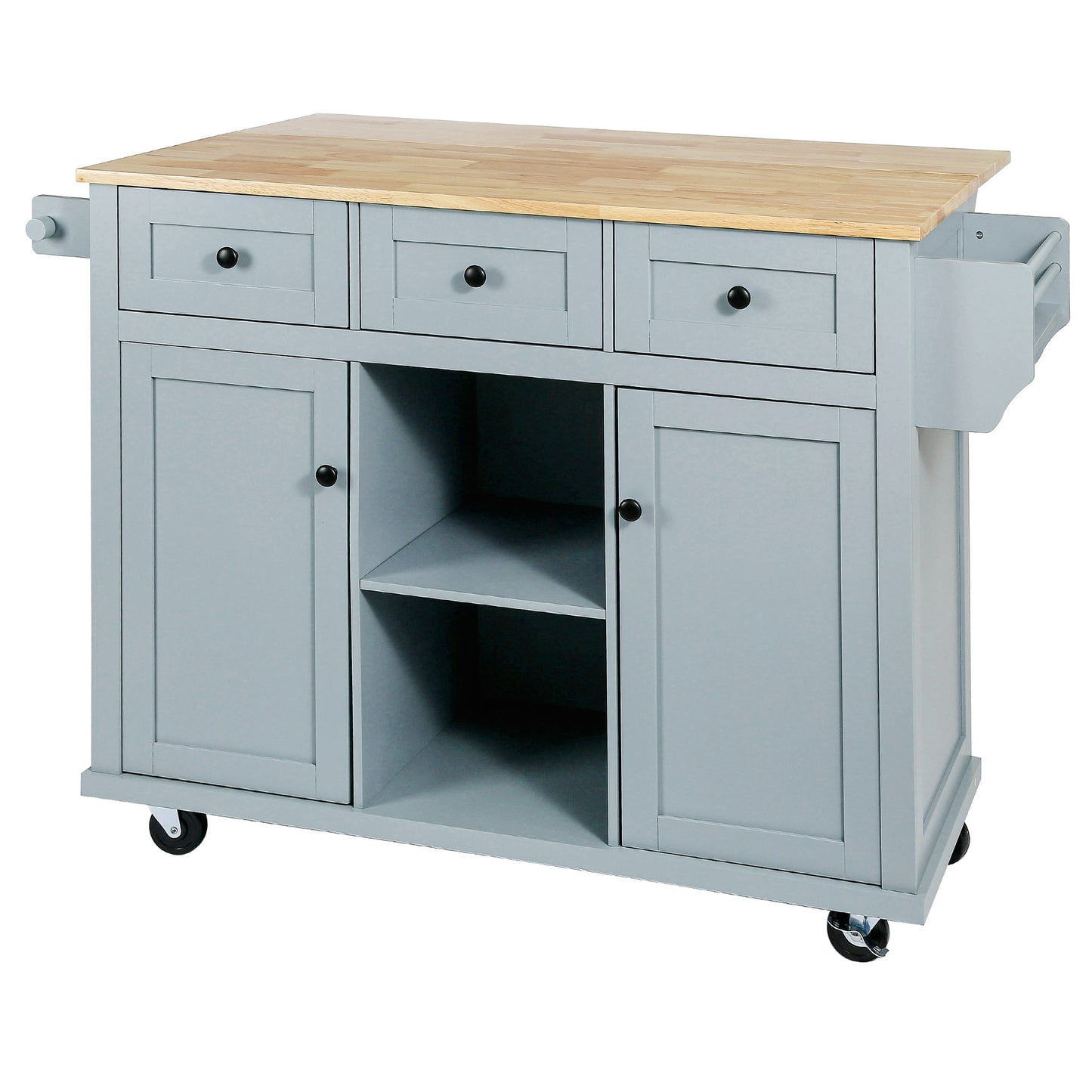 Kitchen handcart with rubber wood leaf countertop, storage cabinet, shelf, and 3 dining room drawers, gray blue