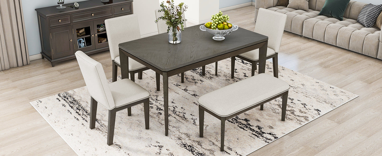 TOPMAX 6-Piece Dining Table Set with Upholstered Dining Chairs and Bench Farmhouse Style Tapered Legs Dark Gray+Beige