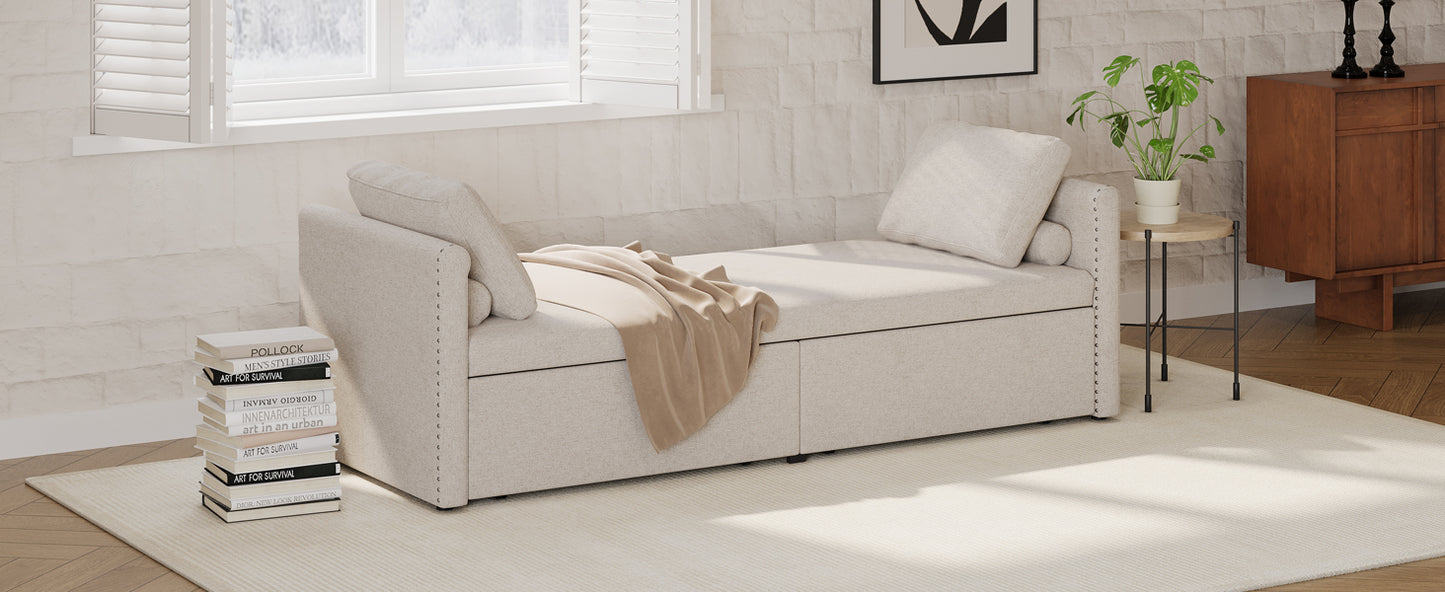 Modern cushioned lounge chair sofa bed with 2 drawers, small single sofa bed without mattress, linen, beige