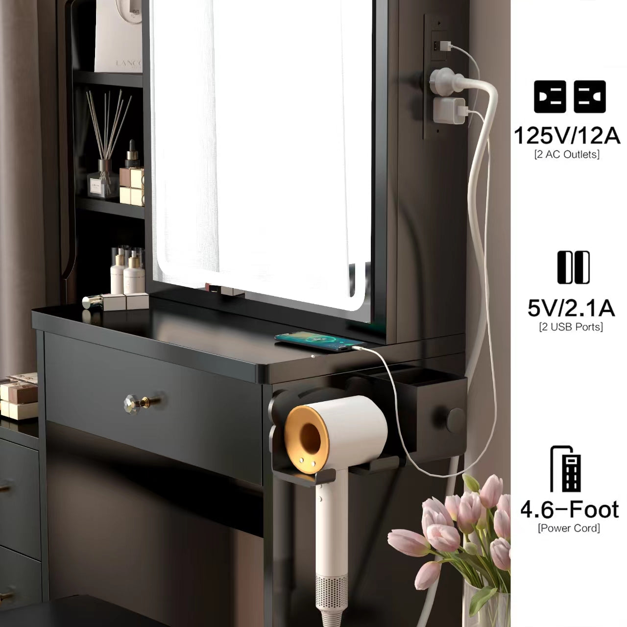 Dressing table+cushioned stool, 2 AC+2 USB power supplies, touch sliding LED mirror, tri color switch