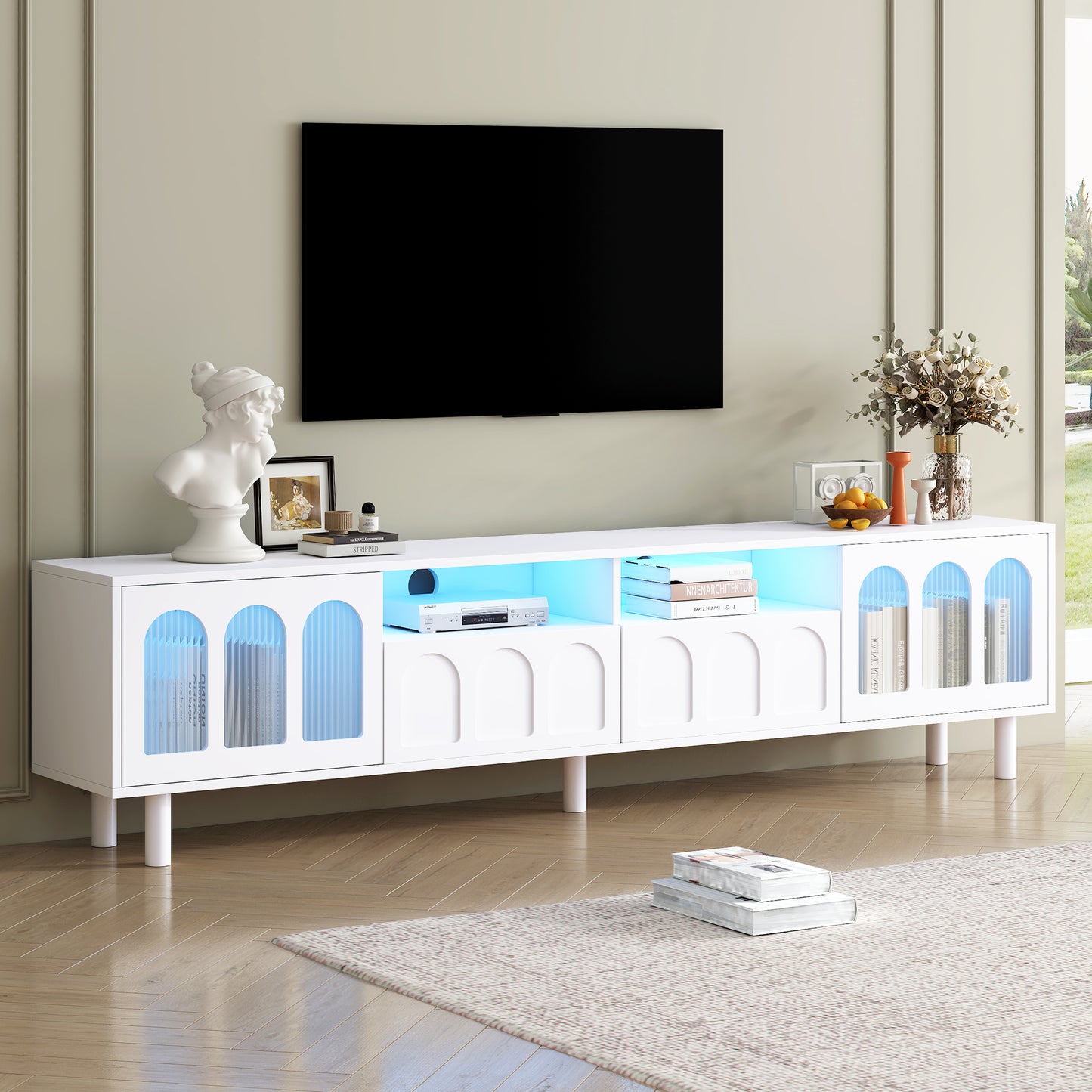 ON-TRANS cream colored TV stand with LED light strip, suitable for 80 inch TV storage console with tempered glass door, white