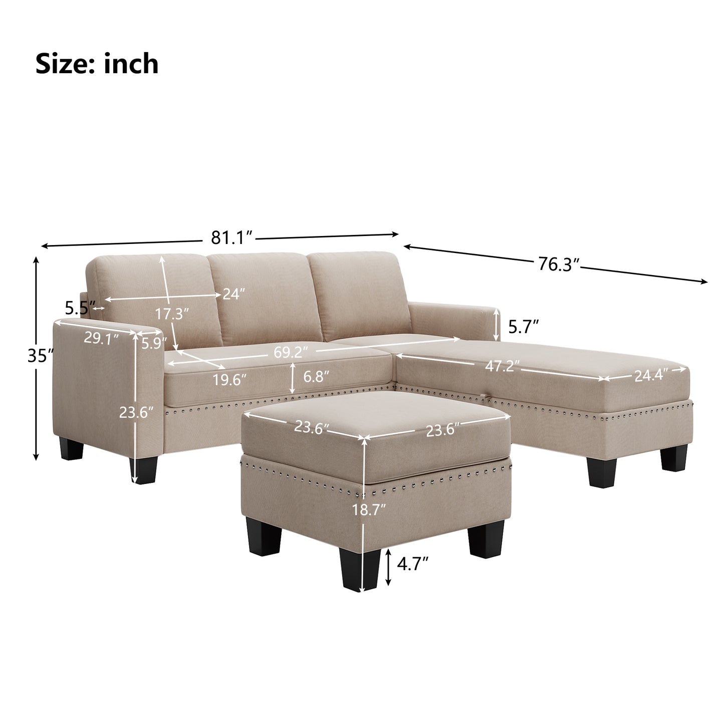 81.1*76.3*35" Reversible Sectional Couch with Storage Ottoman L-Shaped Sofa Warm Grey