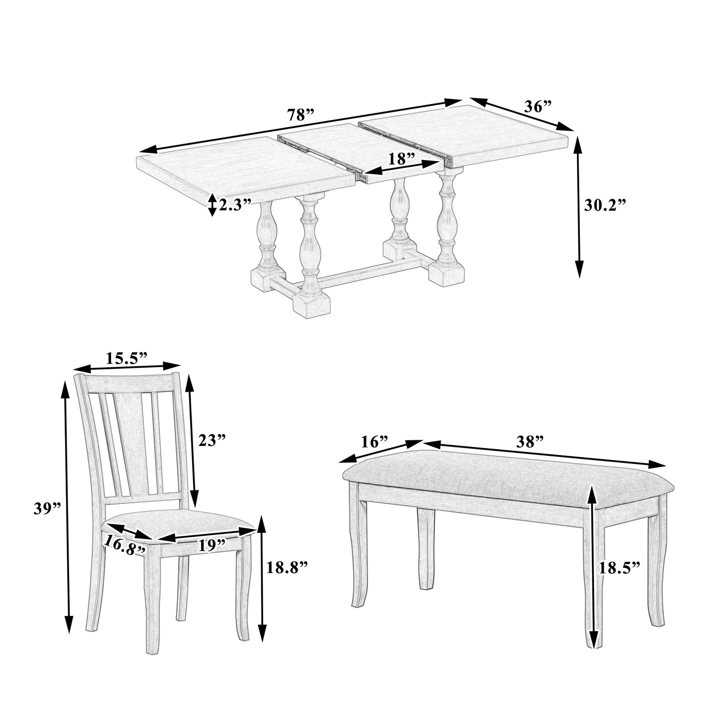 Traditional 6-Piece 78inch Trestle Extendable Dining Table Set with One 18inch Removable Leaf Distressed White