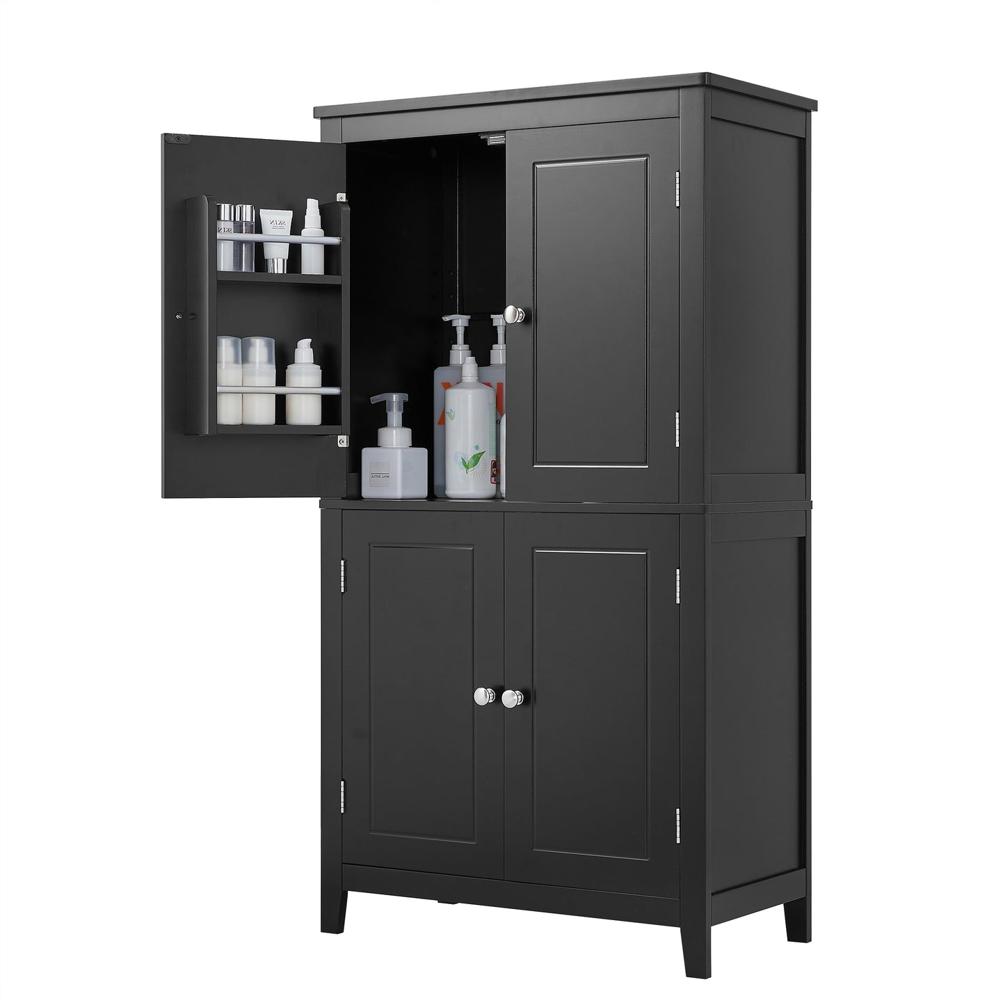 Bathroom floor storage cabinet, bathroom storage cabinet, 4-door independent cabinet, adjustable shelf, adaptive shelf, black