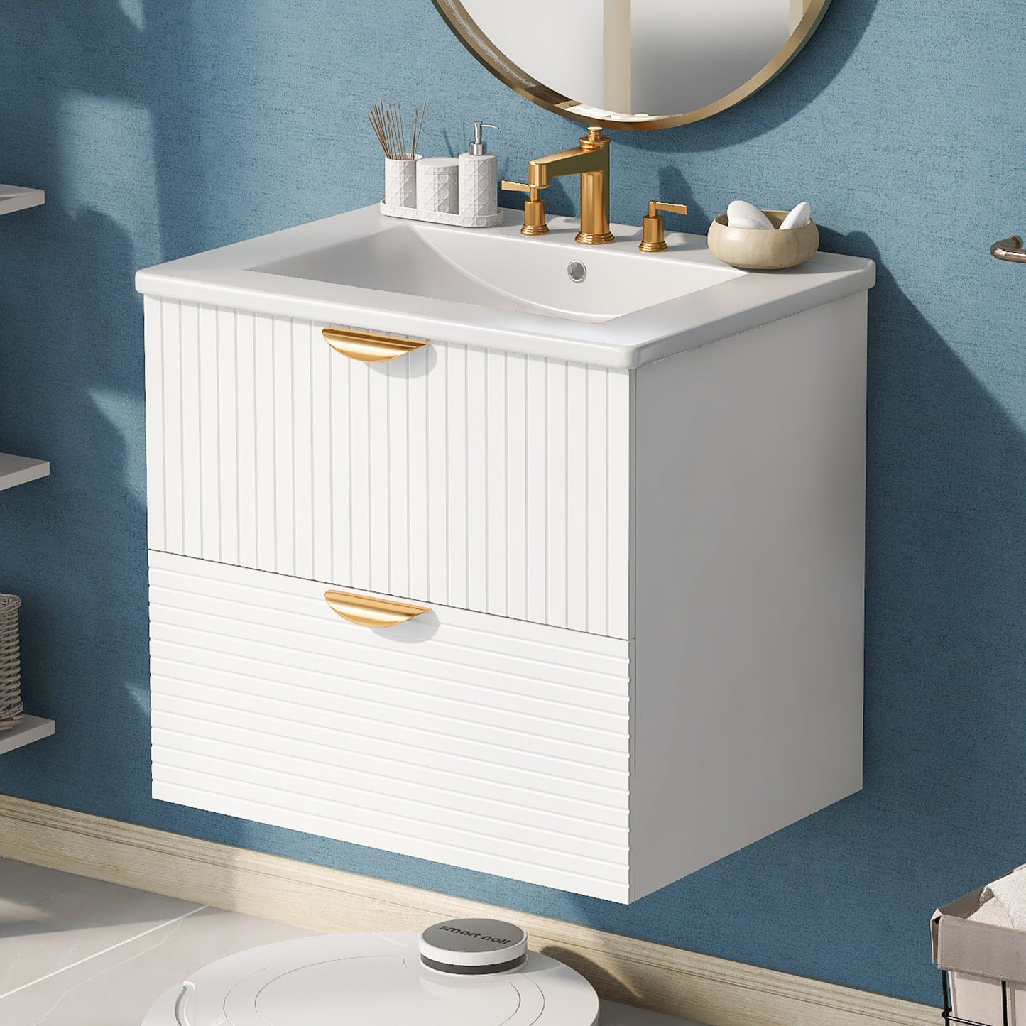 Modern 24-Inch Wall-Mounted Bathroom vanity with 2 Drawers, White - Ideal for Small Bathrooms