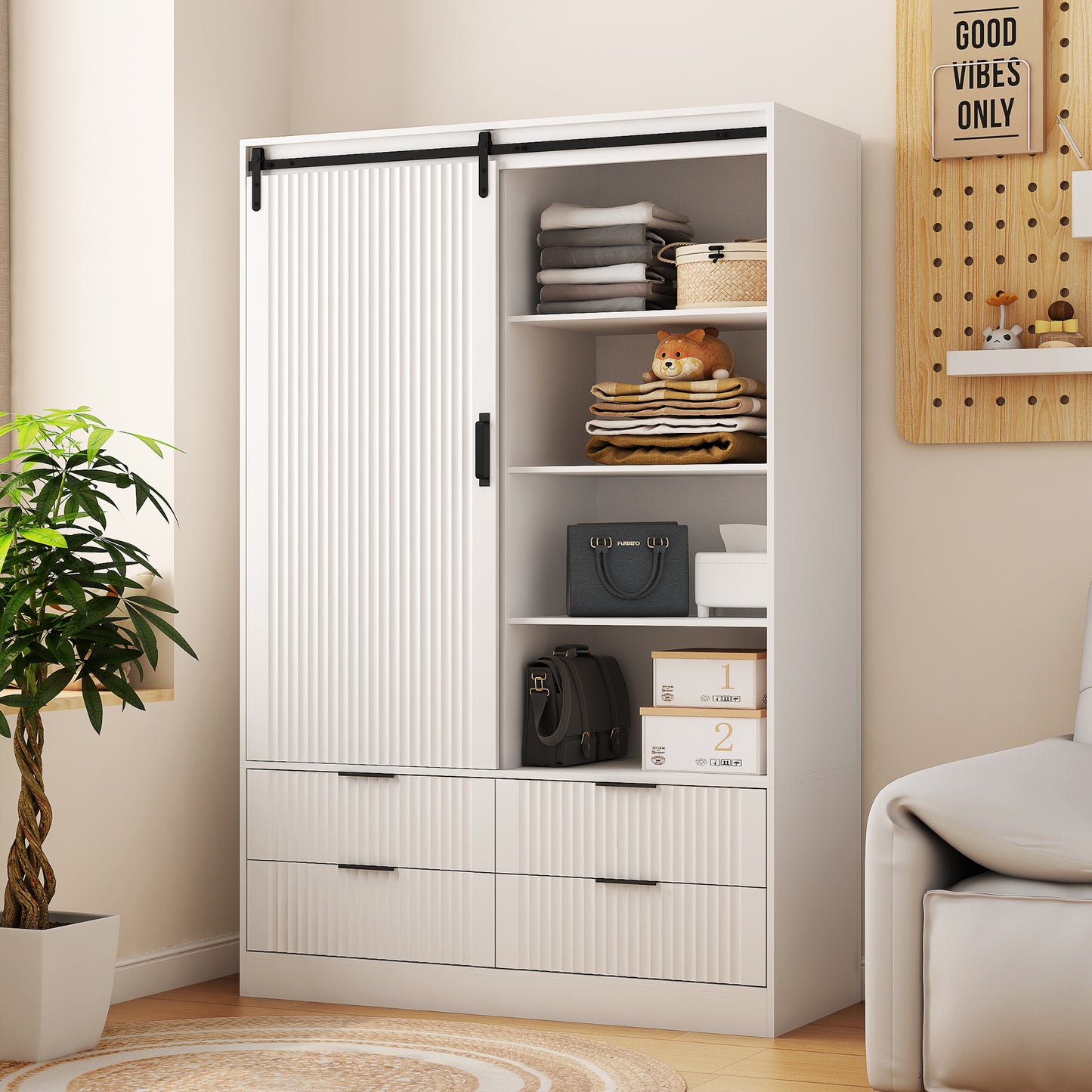 Tall Bedroom Armoire Wardrobe Closet Clothing Storage Cabinet with Hanging Rod Barn Door Drawers Open Shelves,White