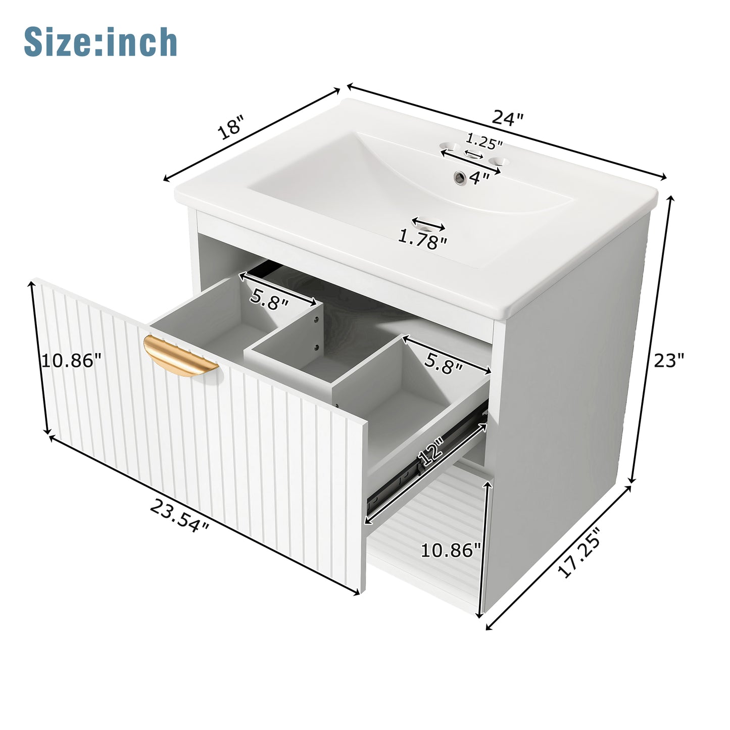 Modern 24-Inch Wall-Mounted Bathroom vanity with 2 Drawers, White - Ideal for Small Bathrooms