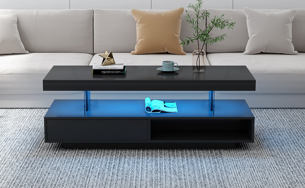 U-Can LED coffee table with storage space, modern central table with 2 drawers and display rack, equipped with LED lights, black