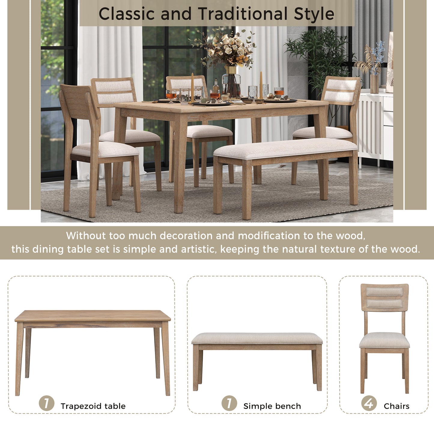 TREXM Classic and Traditional Style 6 - Piece Dining Set, Includes Dining Table, 4 Upholstered Chairs & Bench (Natural Wood Wash）