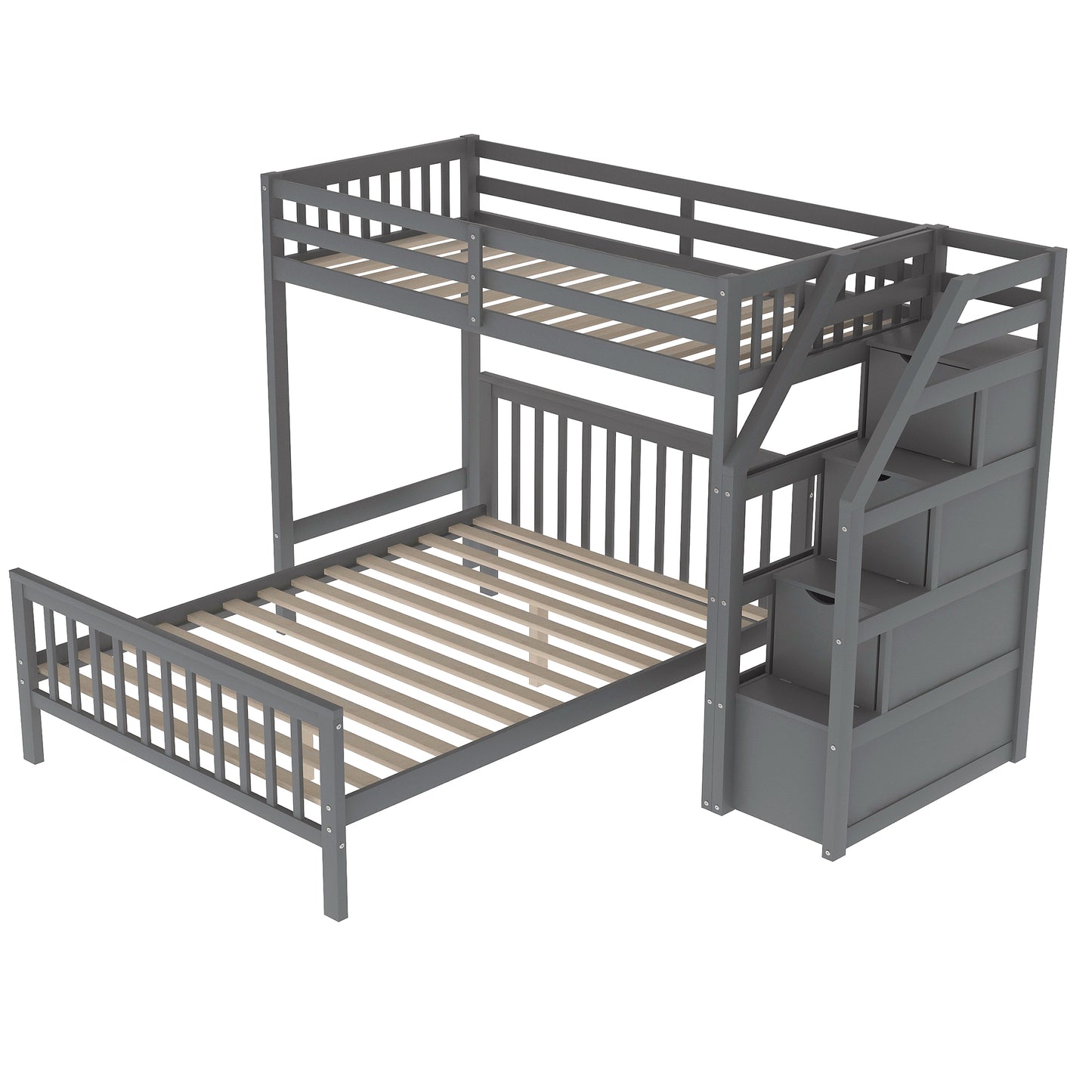 Twin over Full Loft Bed with Staircase Gray