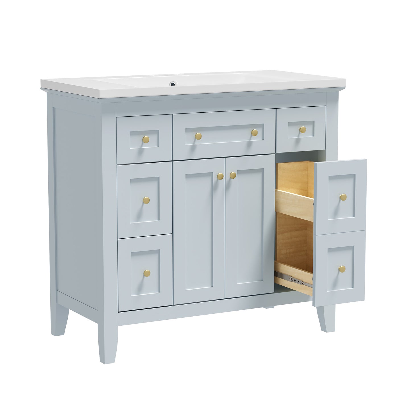 36 inch bathroom vanity with resin sink combination set with 6 drawers and 2 cabinets, storage cabinet vanity set, light blue