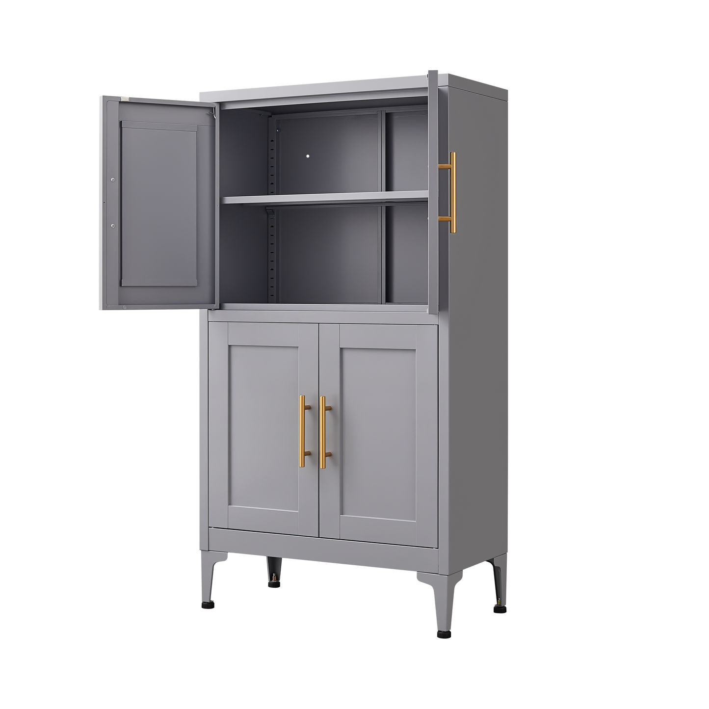 Grey metal kitchen storage cabinet, kitchen pantry storage cabinet with door and shelf, adjustable leveling feet