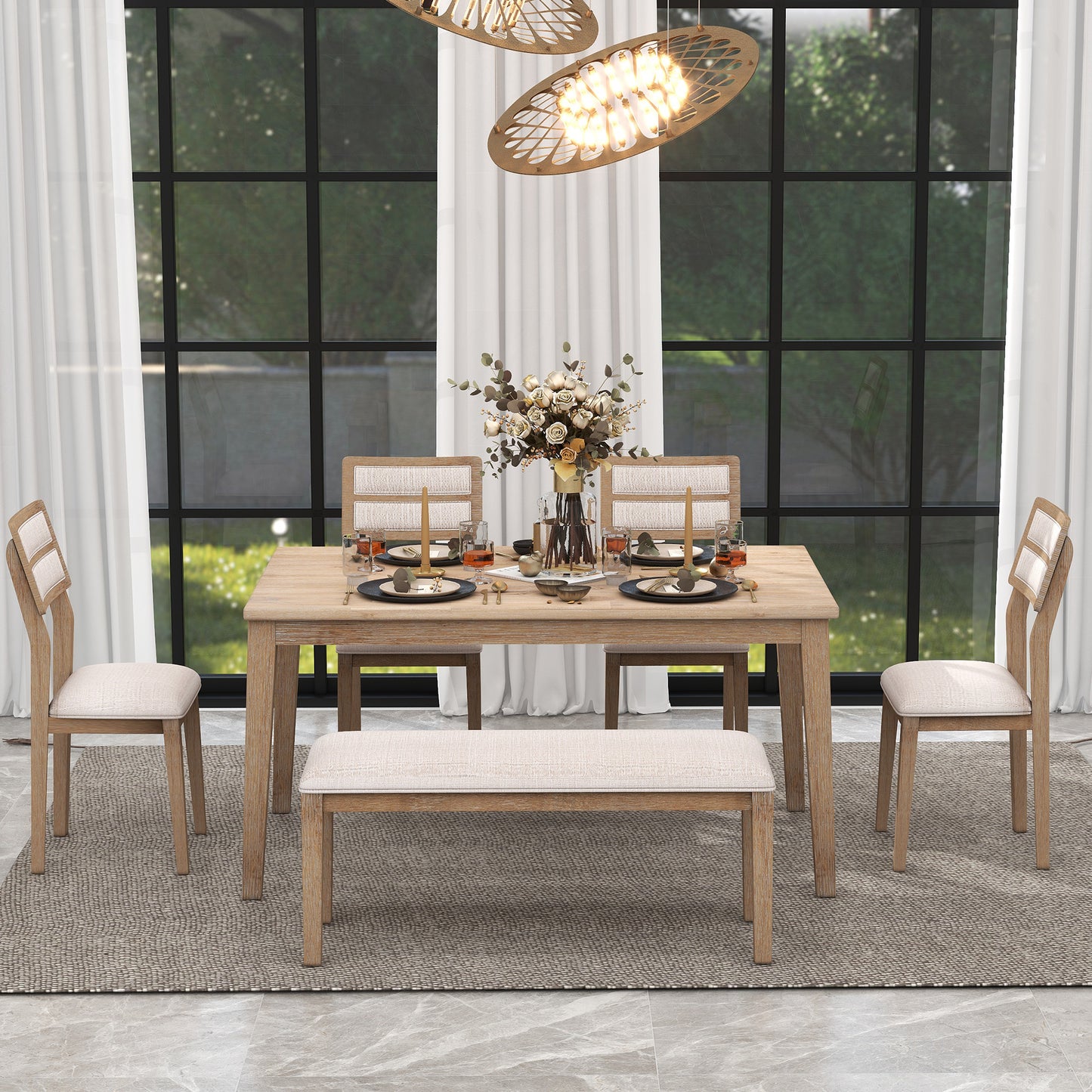 TREXM Classic and Traditional Style 6 - Piece Dining Set, Includes Dining Table, 4 Upholstered Chairs & Bench (Natural Wood Wash）