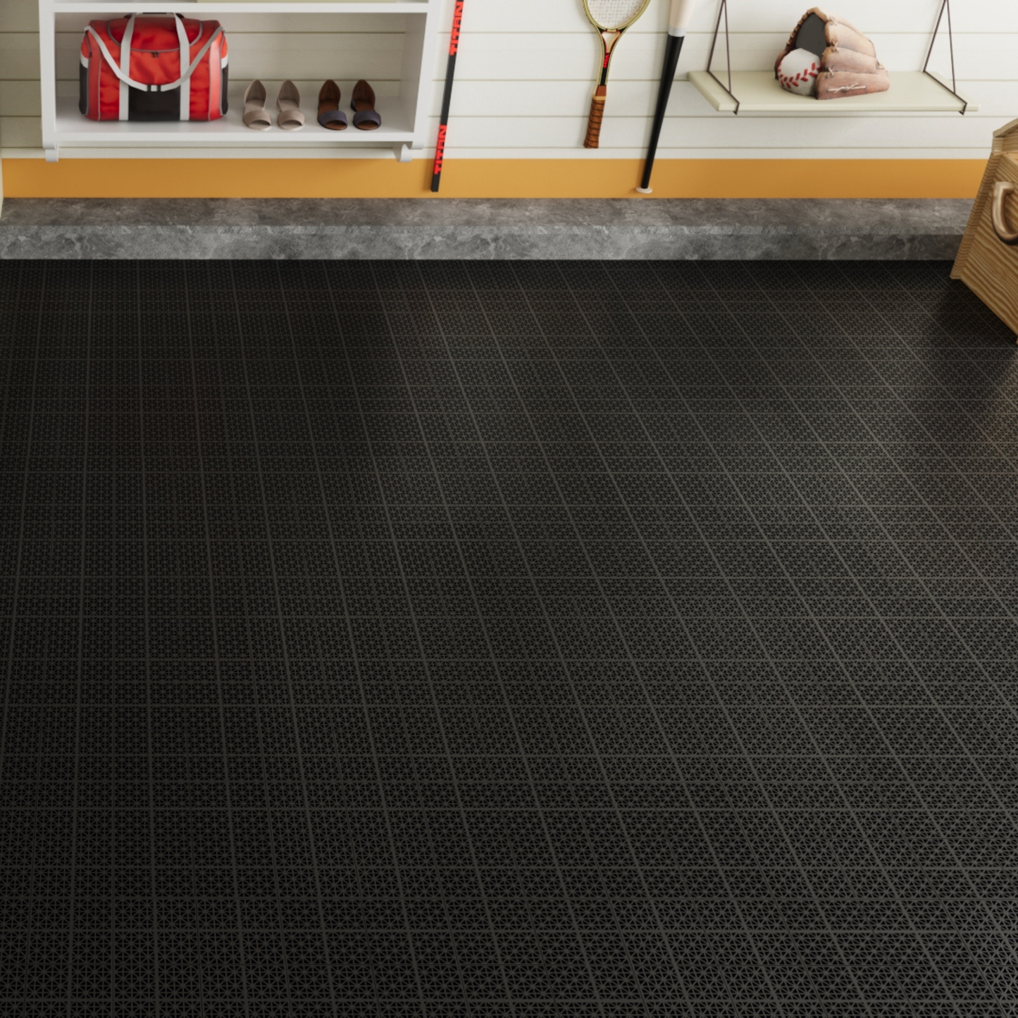 12 x 12 inch black interlocking deck tiles, plastic waterproof, weighing up to 6613 pounds, with a rose pattern pack of 12