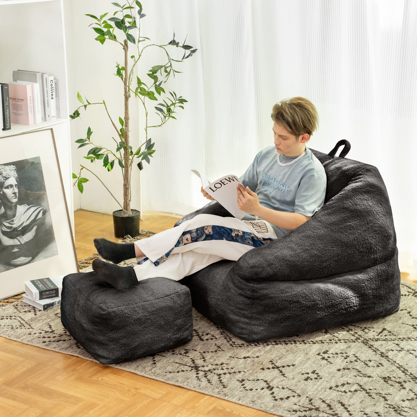 Beanbag chair with filler, beanbag sofa with tufted soft filler with memory foam, black