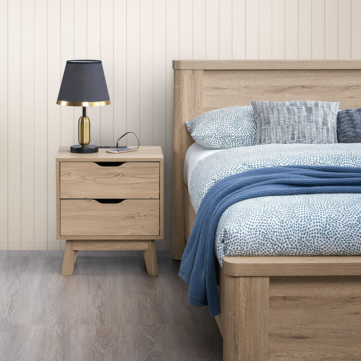 NORDICA bedside table with USB and Type-C charging station, drawer slide pre installed with natural oak wood