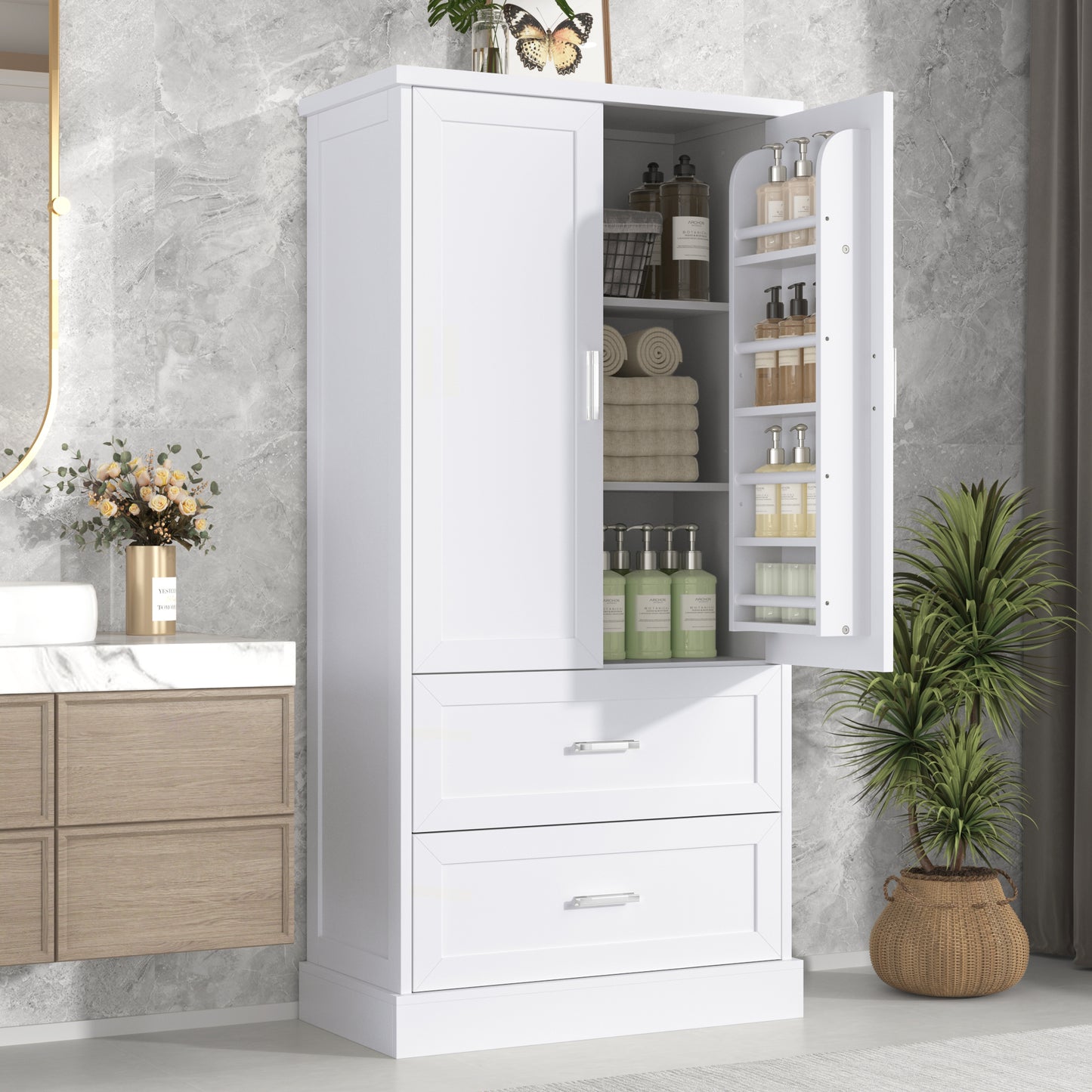 Tall Bathroom Storage Cabinet, Cabinet with Two Doors and Drawers, Adjustable Shelf, MDF Board, White